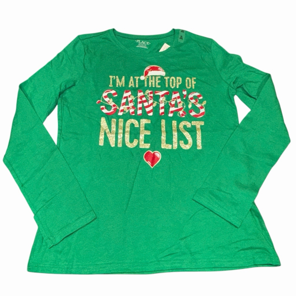 Childrens Place Girls Top Of Santas Nice List Christmas Long Sleeve Tee XL NWT